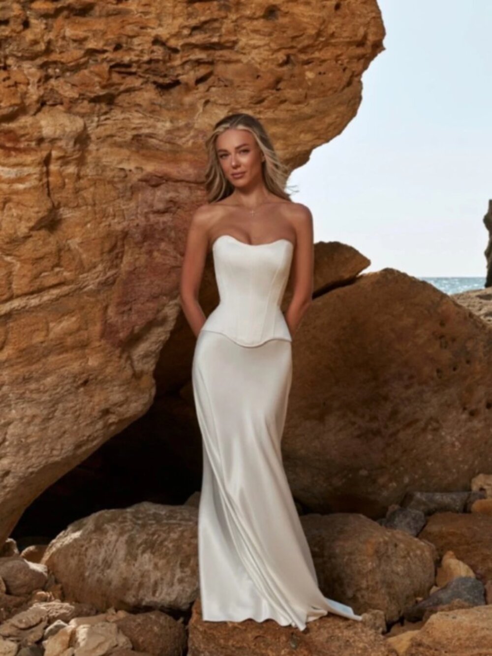 White Satin Pearl Set Corset + Skirt